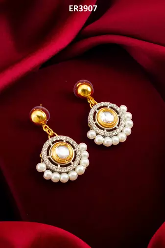 gold-tone kundan circular drop earrings with pearl border and crystal