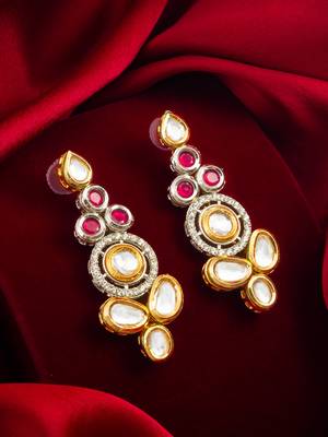 dual-tone ruby red and kundan studded traditional dangler earrings 4