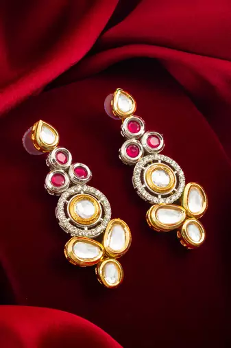 dual-tone ruby red and kundan studded traditional dangler earrings
