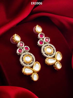 dual-tone ruby red and kundan studded traditional dangler earrings 5