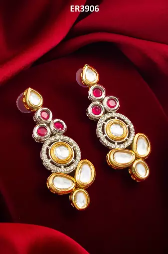 dual-tone ruby red and kundan studded traditional dangler earrings