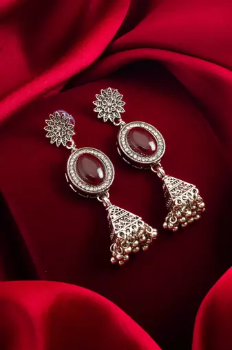 oxidized silver jhumka earrings with stone