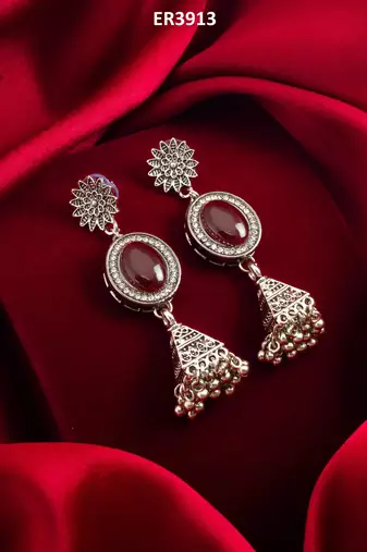oxidized silver jhumka earrings with stone