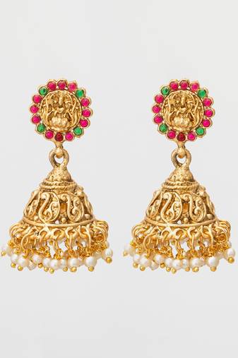 classic stone bordered deity jhumka earrings