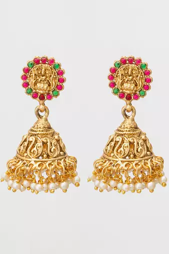 classic stone bordered deity jhumka earrings
