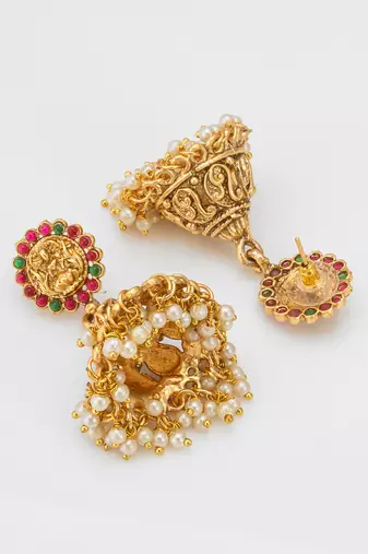 classic stone bordered deity jhumka earrings