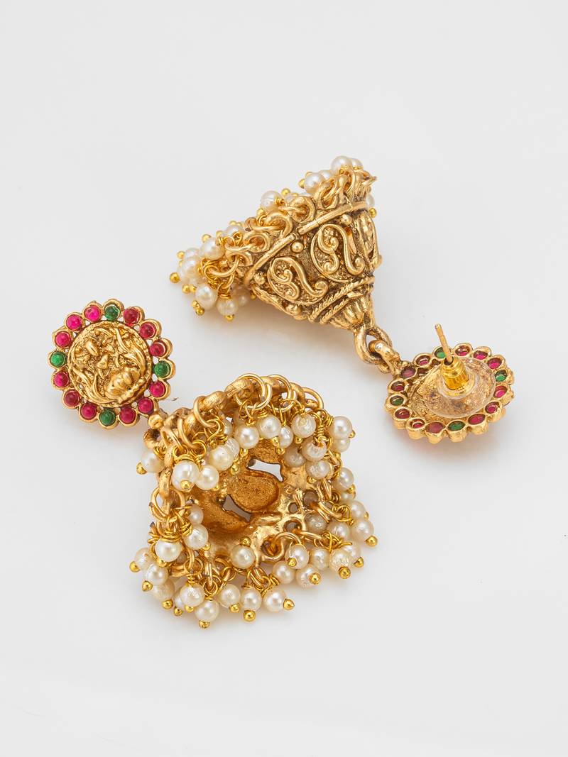 classic stone bordered deity jhumka earrings