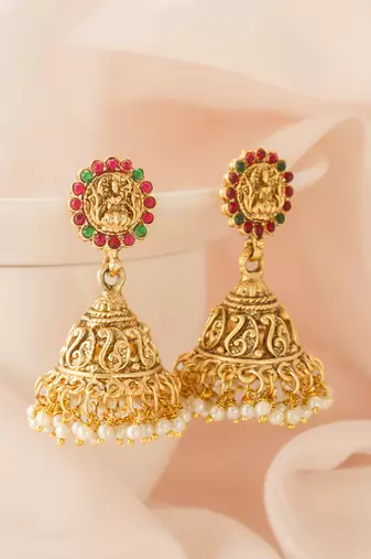 classic stone bordered deity jhumka earrings