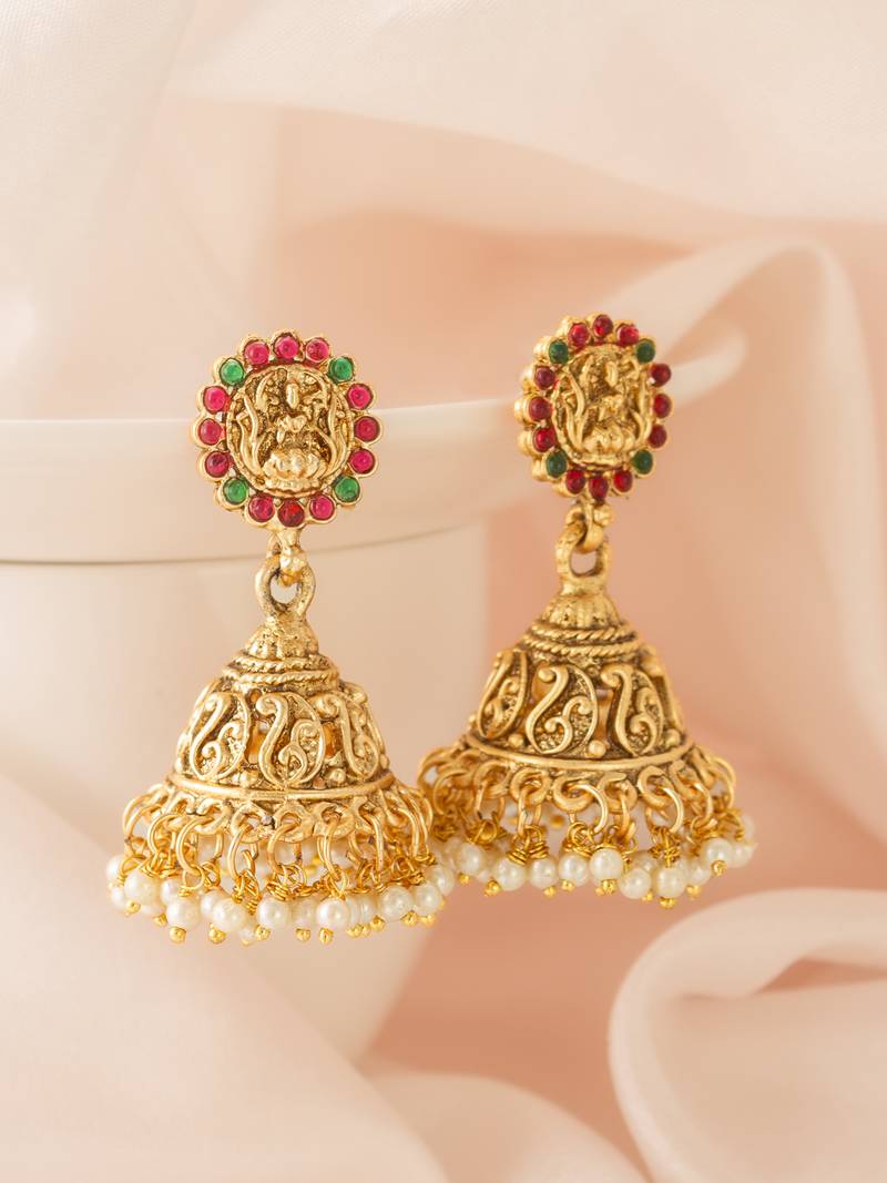 classic stone bordered deity jhumka earrings