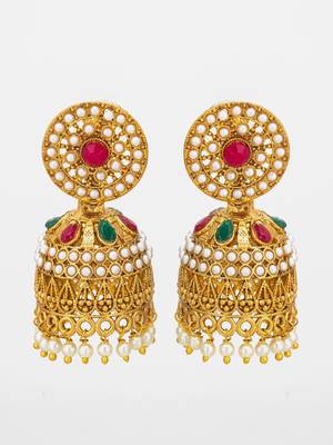 traditional pearl and multi-color stone jhumka earrings 1