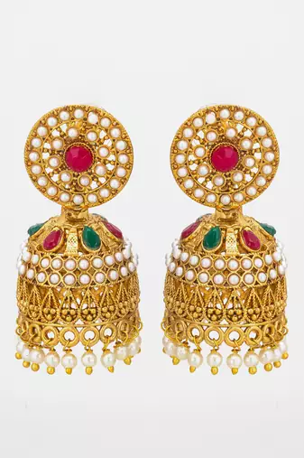 traditional pearl and multi-color stone jhumka earrings