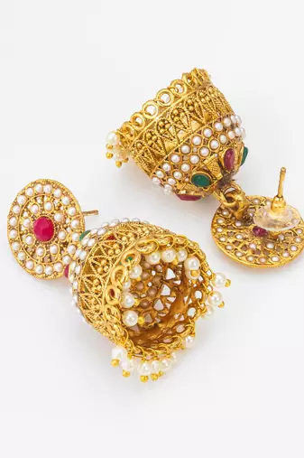 traditional pearl and multi-color stone jhumka earrings