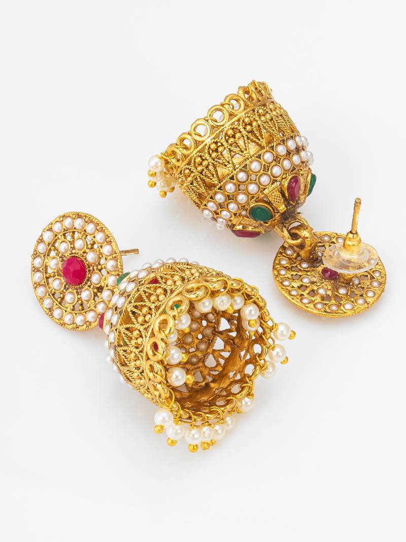 traditional pearl and multi-color stone jhumka earrings