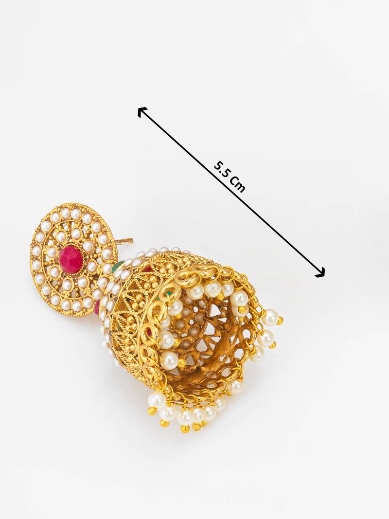 traditional pearl and multi-color stone jhumka earrings