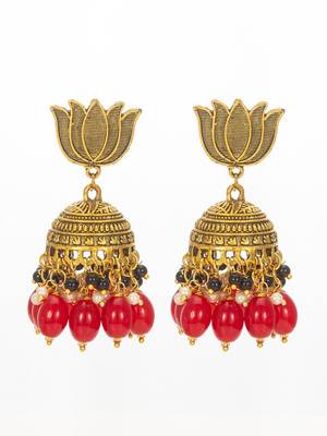 lotus top gold-plated red beaded jhumka earrings 1
