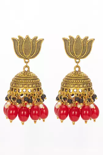 lotus top gold-plated red beaded jhumka earrings