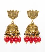 lotus top gold-plated red beaded jhumka earrings