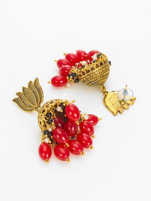 lotus top gold-plated red beaded jhumka earrings 2