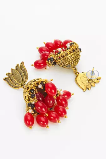lotus top gold-plated red beaded jhumka earrings