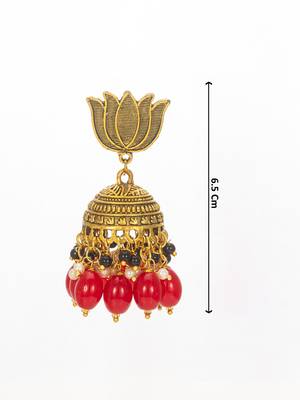 lotus top gold-plated red beaded jhumka earrings 3