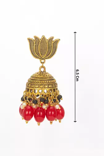 lotus top gold-plated red beaded jhumka earrings