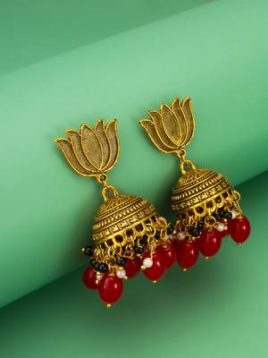 lotus top gold-plated red beaded jhumka earrings 4