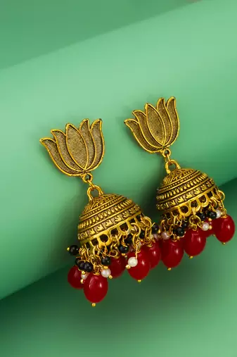 lotus top gold-plated red beaded jhumka earrings