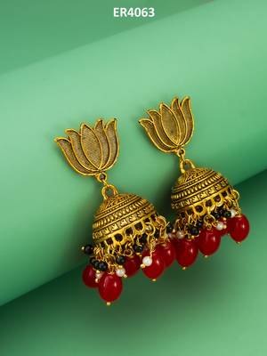lotus top gold-plated red beaded jhumka earrings 5
