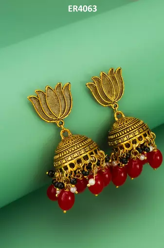 lotus top gold-plated red beaded jhumka earrings