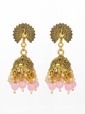 peacock motif pink beaded gold plated jhumka earrings 1