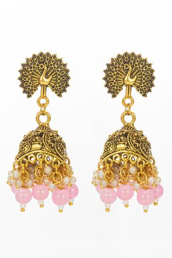 peacock motif pink beaded gold plated jhumka earrings