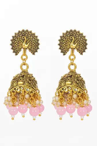 peacock motif pink beaded gold plated jhumka earrings