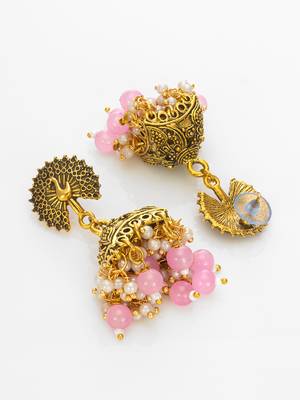 peacock motif pink beaded gold plated jhumka earrings 2