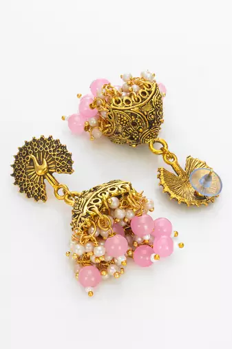 peacock motif pink beaded gold plated jhumka earrings