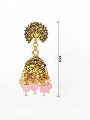 peacock motif pink beaded gold plated jhumka earrings 3