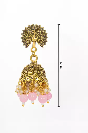 peacock motif pink beaded gold plated jhumka earrings