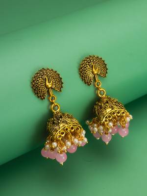 peacock motif pink beaded gold plated jhumka earrings 4