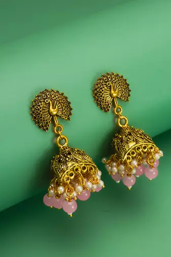peacock motif pink beaded gold plated jhumka earrings
