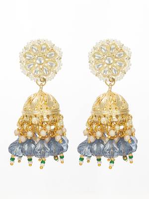 gold-plated blue beaded kundan jhumka earrings 1