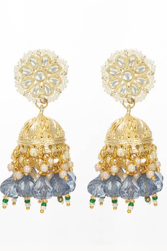 gold-plated blue beaded kundan jhumka earrings