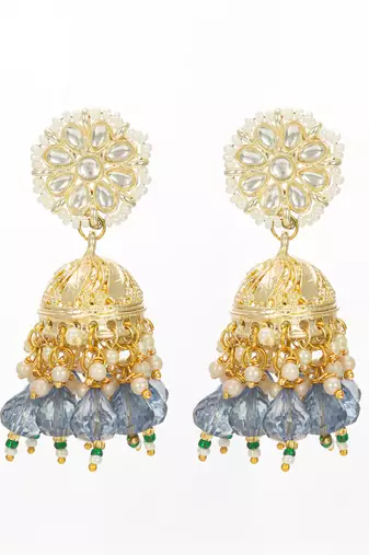 gold-plated blue beaded kundan jhumka earrings