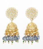 gold-plated blue beaded kundan jhumka earrings