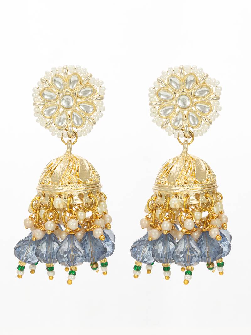 gold-plated blue beaded kundan jhumka earrings