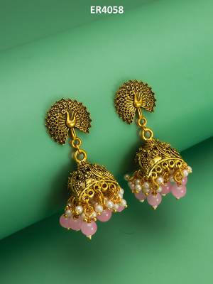 peacock motif pink beaded gold plated jhumka earrings 5