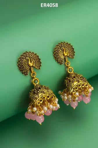 peacock motif pink beaded gold plated jhumka earrings