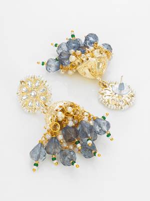 gold-plated blue beaded kundan jhumka earrings 2