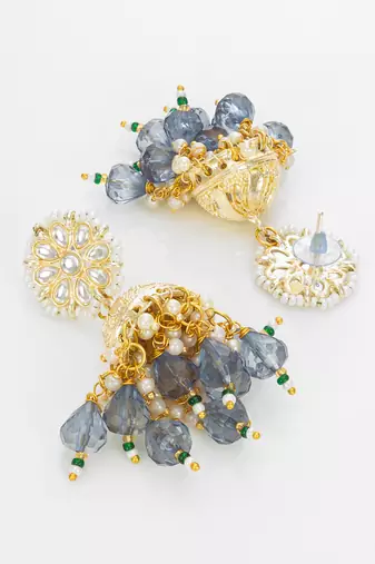 gold-plated blue beaded kundan jhumka earrings