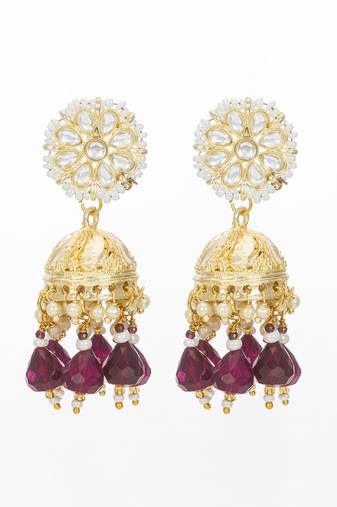 gold-plated maroon beaded jhumka earrings for women