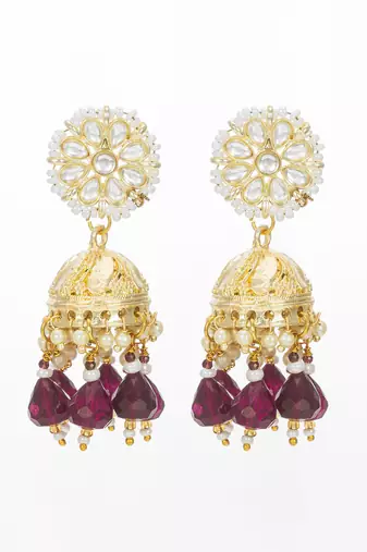 gold-plated maroon beaded jhumka earrings for women