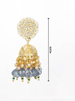 gold-plated blue beaded kundan jhumka earrings 3